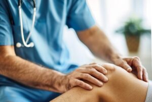 Knee examination performed by traumatologist in Andalucía during orthopedic consultation